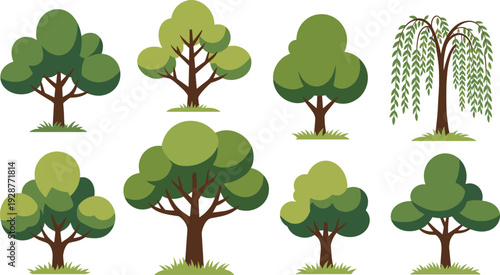 Flat vector illustration set of eight minimalist green deciduous trees and a weeping willow with simple round foliage for park and garden landscape designs