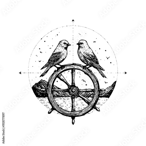 Vintage nautical birds on ship wheel tattoo design vector illustration graphic drawing art print 100