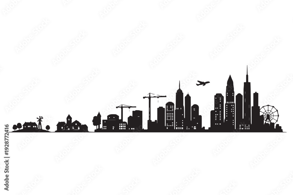 Fototapeta premium City Evolution Silhouette, Modern Transformation Concept, Vector Illustration, Isolated on White Background