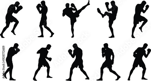 Boxing silhouettes of male fighters training and fighting, martial arts poses, kickboxing and boxing action, sports workout, fitness concept