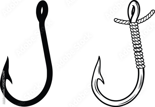 Black Vector Silhouette and Line Art Illustration of a Sharp Fishing Hook and Baited Hook with Rope for Angling Sports Commercial Fishery and Outdoor 