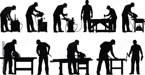 Carpenter and construction worker silhouettes using circular saw and woodworking machinery isolated on white background for carpentry, workshop and renovation industry concepts