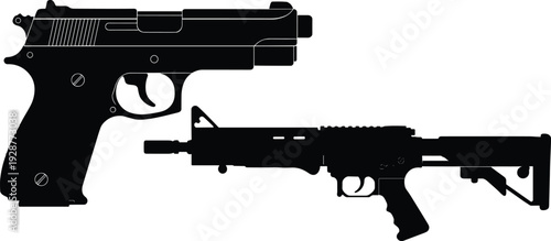Black Vector Silhouette Set of a Semi Automatic Handgun and Tactical Assault Rifle for Military Law Enforcement Security Defense Shooting Sports and Firearm Safet