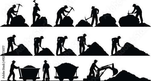Coal miner silhouettes with pickaxe, shovel and mining cart isolated on white background for underground industry, excavation and mineral extraction concepts