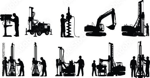 Construction drilling equipment silhouettes set featuring excavator, borehole rigs, auger drill machines and workers isolated on white background for industrial engineering and mining themes