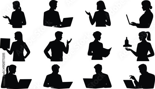 Business people silhouettes, office workers, laptop users, presentation, teamwork, professional poses, corporate activity, modern workplace, service staff, productivity, communication