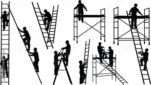 Construction worker silhouettes climbing ladders and working on scaffolding isolated on white background for building maintenance, renovation and workplace safety concepts