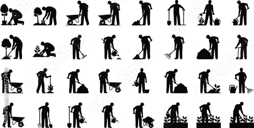 Gardening and landscaping worker silhouettes set with planting, watering, digging, raking and wheelbarrow tasks isolated on white background for agriculture and outdoor maintenance concepts