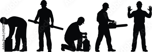 Industrial worker silhouettes with chainsaw, fuel can and tools isolated on white background for construction, forestry, maintenance and heavy equipment operation concepts