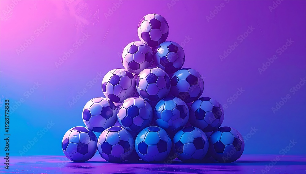 Fototapeta premium A pyramid stack of soccer balls on a purple blue gradient