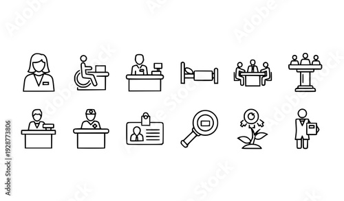 Thin Line Business, Health, and Service Icon Set with Team Doctor Client and Reception