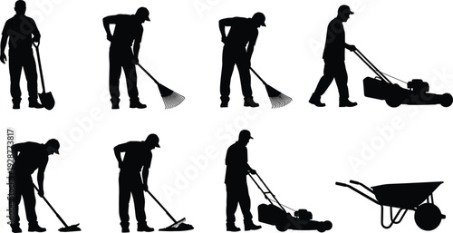 Lawn care and yard maintenance worker silhouettes with rake, shovel, lawn mower and wheelbarrow isolated on white background for landscaping service concepts