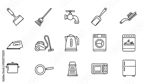 Minimal Outline Home Cleaning and Kitchen Appliance Icon Collection