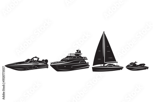 Marine Watercraft Lineup Silhouette, Boats and Personal Watercraft Set, Vector Illustration, Isolated on White Background