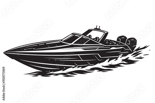 Dynamic Speed Boat Silhouette, Boat Cutting Through Water, Vector Illustration, Isolated on White Background