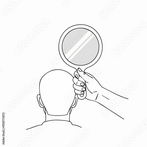 Bald head reflected in barber mirror.