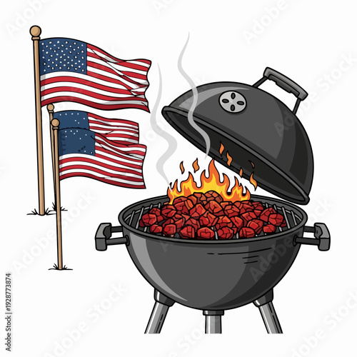 Barbecue Grill With Open Lid Cooking Meat.