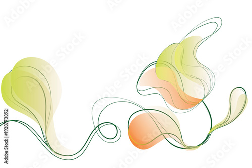 Abstract flowing organic shapes with green and orange gradients on a white background, representing a graceful and dynamic artistic design