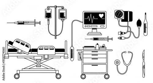 Medical equipment illustration depicting various tools used in healthcare settings for patient care.