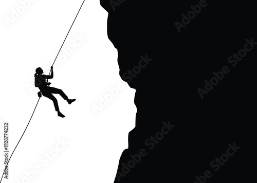 Rock climber silhouette rappelling down steep cliff with safety rope isolated on white background for adventure sport, mountaineering and extreme outdoor activity concepts
