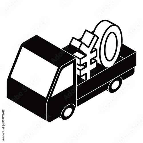 	￥0ロゴを運ぶトラックのアイソメトリックイラスト