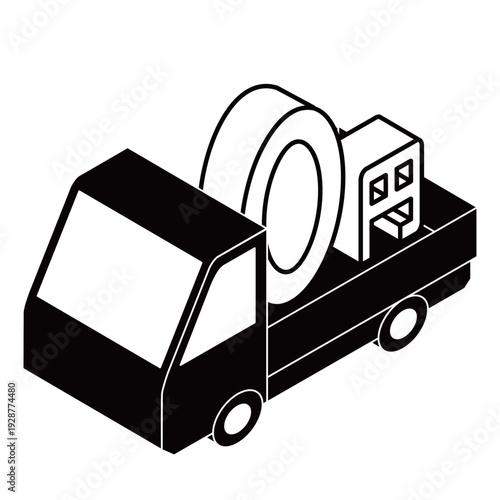 円ロゴを運ぶトラックのアイソメトリックイラスト