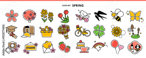  春のカラフルアイコンセット｜花・入学・卒業・さくら・菜の花・うめ｜フラットベクター素材