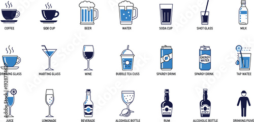Beverage drink vector icon set featuring coffee, beer, water, soda, juice, wine, alcohol bottles, and refreshment symbols in modern flat style