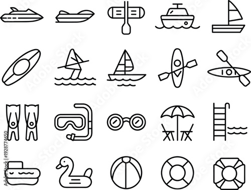 Boat icons, kayak, sailboat, paddle, snorkeling gear, life ring, beach umbrella, pool ladder, swimming fins, water sports equipment, summer, outdoor leisure