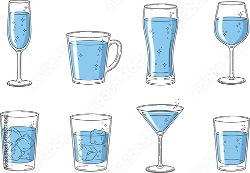 Water and beverage glasses vector illustration set featuring wine, cocktail, mug, and tumbler glassware with liquid and bubbles isolated on white