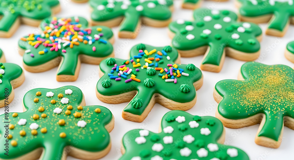 Obraz premium A row of green cookies with white and gold sprinkles on them. The cookies are shaped like shamrocks