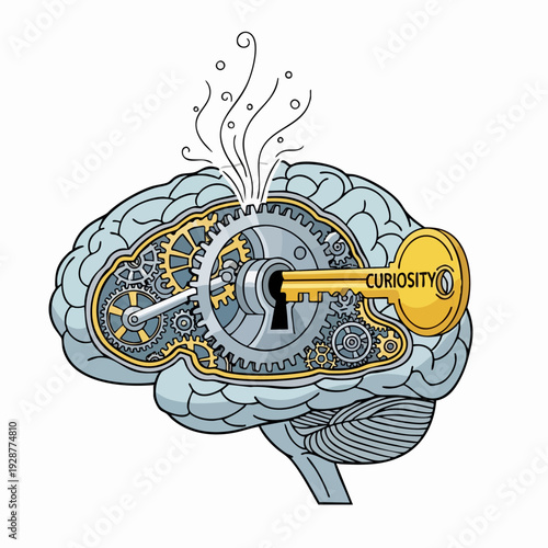 Brain And Key Unlocking Curiosity Gears Concept.