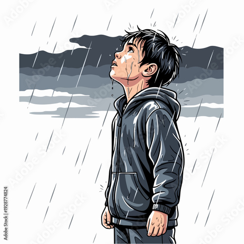 Boy in Rain Looking Up in a Hoodie.