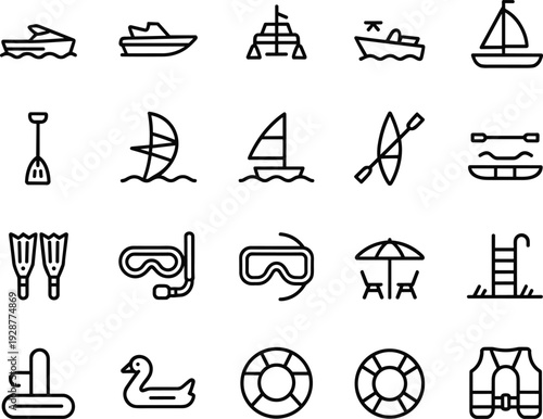 Boat and water sports icons, paddle, snorkeling mask, sailboat, life vest, pool ladder, swimming equipment, outdoor leisure, summer activities