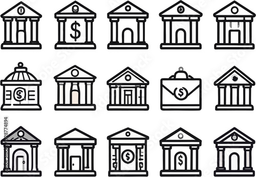 Collection of Bank Buildings and Financial Symbols in Various Architectural Styles Illustrated in Black and White