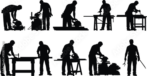 Carpenter and construction worker silhouettes using circular saw and woodworking tools isolated on white background for carpentry, renovation and workshop concepts