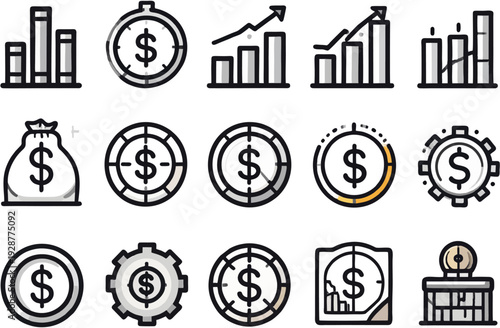 Financial growth icons set, including dollar signs and statistics charts, symbolizing business success and monetary transactions in a modern, monochrome illustration style