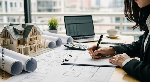 Real Estate Investment Planning Home Blueprint Analysis Financial Advisor Property Development Concept