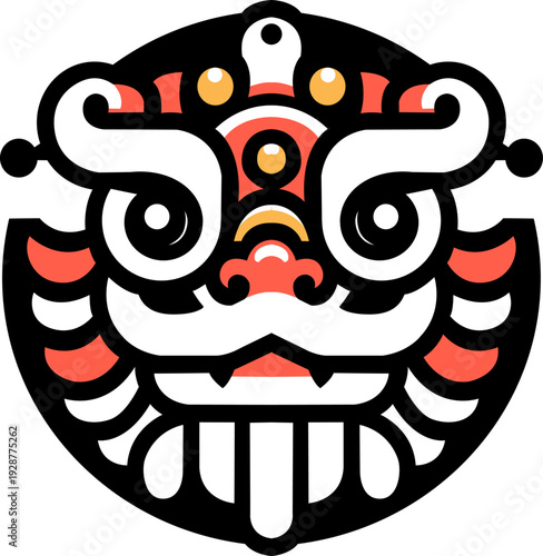 Chinese Lion Mask Illustration with Red Accent