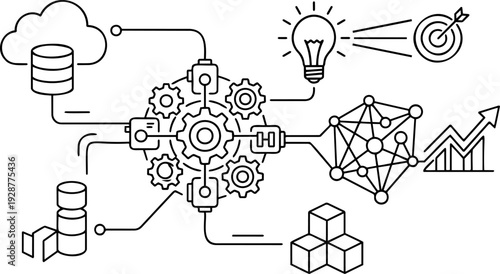 Line art vector of a cloud computing and data processing concept with gears, network nodes, target, and growth chart