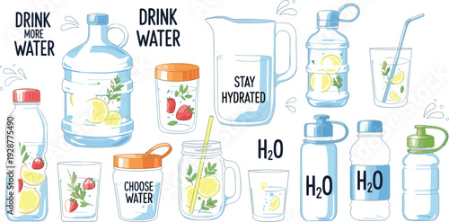 Drink water hydration vector illustration set with reusable bottles, jars, lemon infused water, and motivational typography elements isolated on white