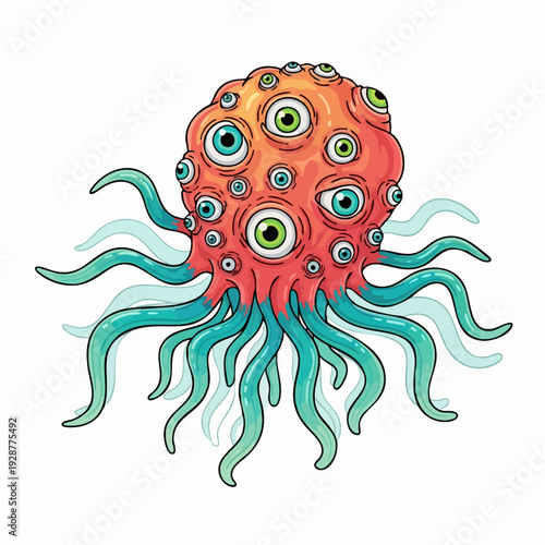 Cartoon octopus with multiple eyes illustration.