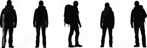 Hiker silhouette collection backpacker man standing poses outdoor adventure traveler black shadow figures isolated on white background set