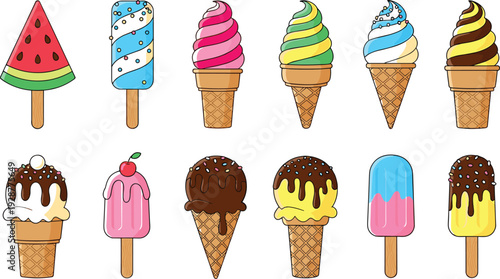 Colorful ice cream vector illustration set with popsicles, cones, and swirled soft serve desserts, cute summer sweets isolated on white background