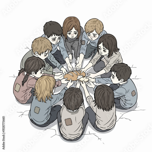 Children circle hands joined in teamwork.