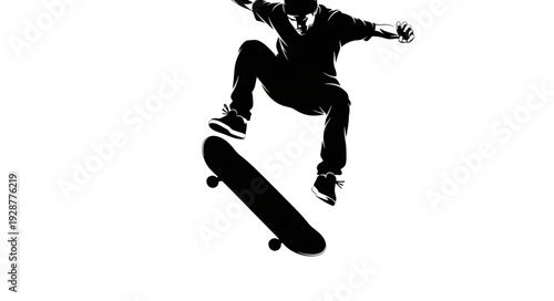 Silhouette of a skateboarder performing an aerial trick against a white background, dynamic action.