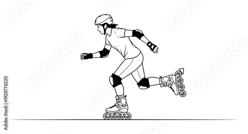 Inline skater in action, showcasing speed and agility on the pavement, black and white illustration.