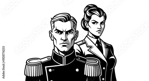 Stern military officers in formal attire, looking serious and determined.