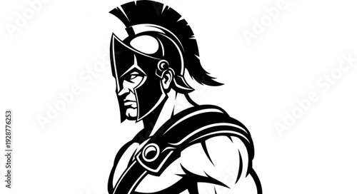 Spartan warrior in profile, strong and determined, wearing helmet and armor, ready for battle.