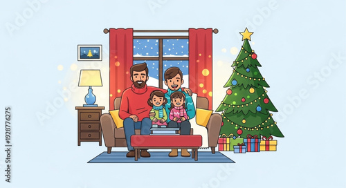 Family gathered together in front of Christmas tree, celebrating the holiday season with joy.